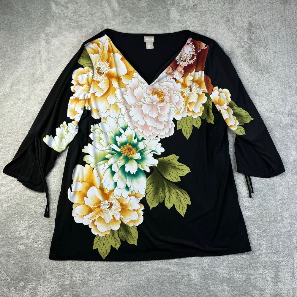 Chico’s Top Women's 3 XL Black Floral Satin Tunic Peony Print 3/4 Sleeve Resort